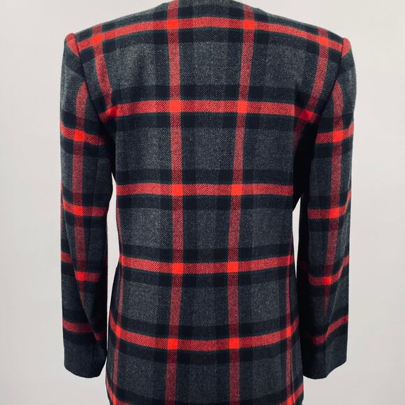 Vintage 80s 90s Wool Plaid Skirt Suit Collarless Blazer Pencil Skirt Gray Red XS - Picture 8 of 10